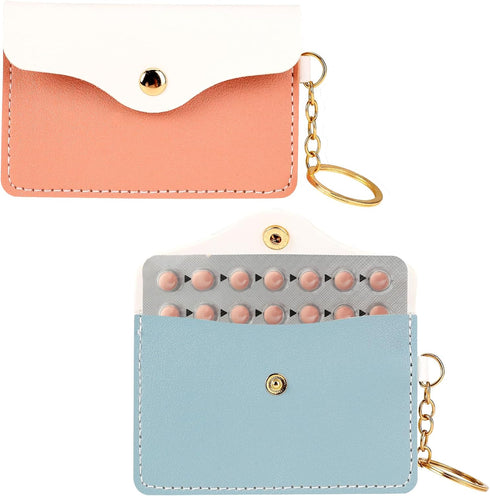 2 Pack Birth Control Pill Case Sleeve Packet PU Leather Wallet Pill Holder Birth Control Case with Snap Closure and Keyring Contraceptive Medicine...