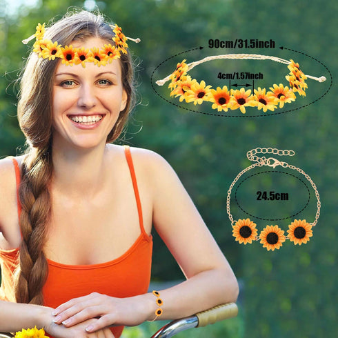 10 Pieces Sunflower Pendant Faux Pearl Chain Necklace Sunflower Charm Bracelet Earrings Ring Sunflower Hair Clip Sunflower Boho Headband Wreath fo...