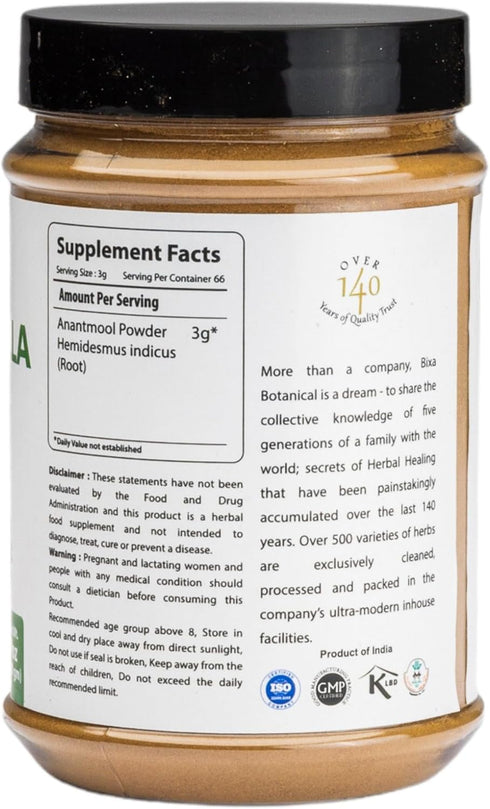 bixa BOTANICAL Sarsaparilla Root Powder | HEMIDESMUS INDICUS | Anantmool | 200 Grams / 7 OZ | Ayurvedic Herbal Supplement | Gluten Free, Non-GMO, ...