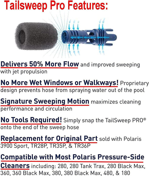 ATIE No Spray Pool Cleaner TailSweep PRO TSP10S with Hose Scrubber 9-100-3105 Fit Zodiac Polaris 280, 3900 Sport, 380, 360, 180 Pool Cleaner Tail ...