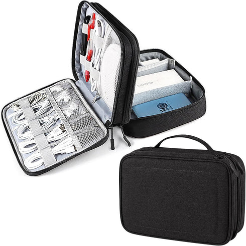 Double-Layer Cable Organizer Bag - Portable Waterproof Electronics Organizer Travel Case with Handle - Fits Cords, Chargers, Earphones......