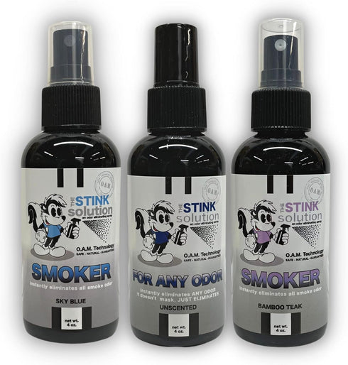 Smokers Odor Eliminating Spray Completely removes Smoke Odors. Three 4 oz bottles One Bamboo Teak, One new Sky Blue and one unscented....