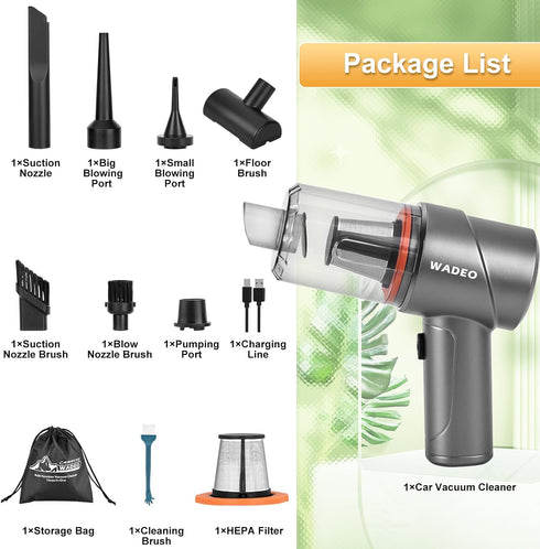 WADEO Handheld Vacuum, Cordless High Power 15000PA, 3in1 Blower, Brushless Motor, Mini Vacuum for Home, Pet & Office, Silver, Handheld Vacuum Clea...
