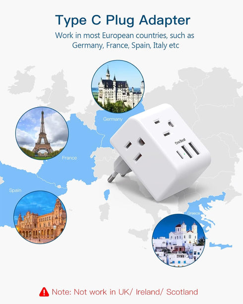 European Travel Plug Adapter, International Power Plug Adapter with 3 Outlets 3 USB Charging Ports(1 USB C), Type C Plug Adapter Travel Essentials...