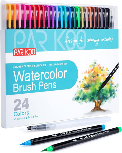 ParKoo Watercolor Brush Pens, 24 Colors Flexible Real Nylon Brush Tip Pens for Watercolor Painting, 1 Blending Brush, Paint Markers for Artists an...