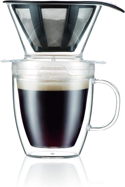 Bodum 12oz Pour Over Coffee Dripper Set w/ Double Wall Mug and Reusable Permanent Filter, Plastic, BPA-Free, Clear...