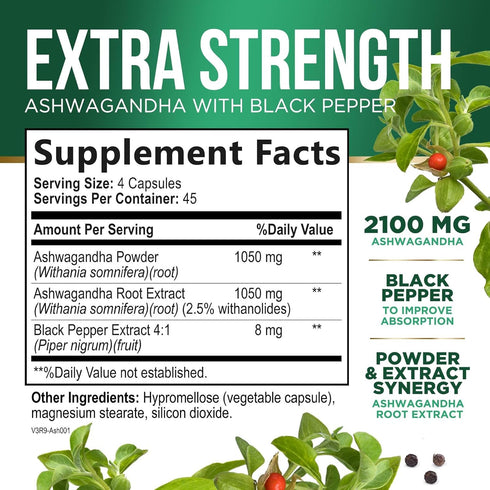 Herbal Ashwagandha 2,100 mg - Extra Strength Unwind, Calm & Relax Support with Black Pepper - Natural Focus & Energy Support - Ashwagandha Powder ...