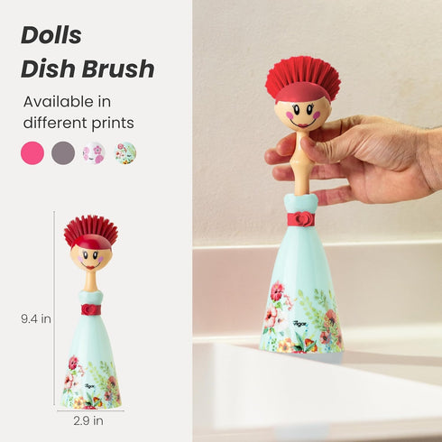 Vigar Dolls Dish Brush with Ergonomic Handle and Dres-shaped Storage Holder - Scrub Brush for Pans, Pots, Kitchen Sink Cleaning, Blue/Pink...
