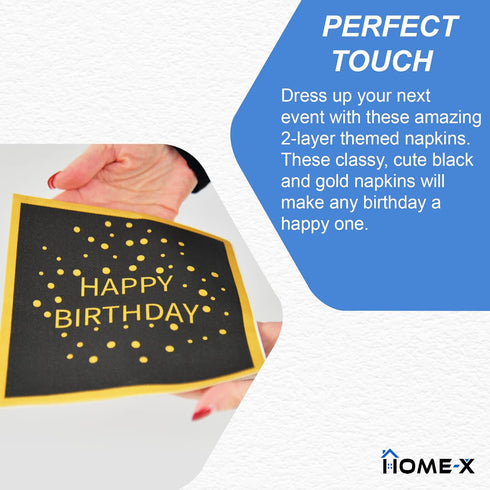 HOME-X Happy Birthday Black and Gold Paper Napkins, Square Party Napkins, 48 Count - 6.5" x 6.5"...
