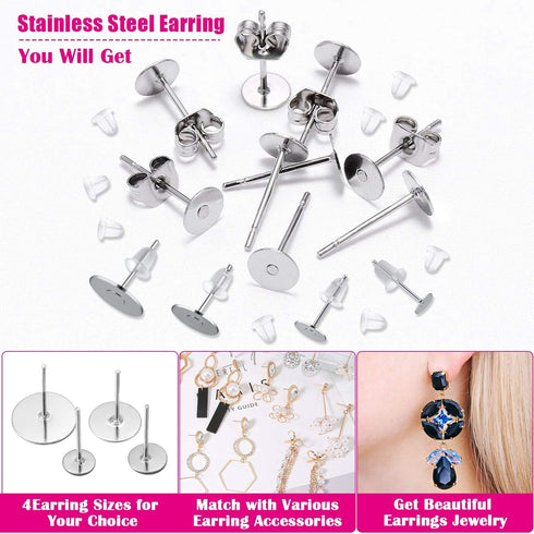 Earring Posts and Backs, Flasoo 700Pcs Stud Earring Making Kit with 300Pcs Stainless Steel Earring Posts and 400Pcs Earring Backs, Earring Supplie...