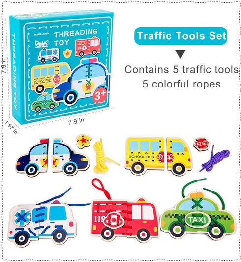 Promise Babe 5 Pack Lacing Cards Wooden Cars Block Puzzle Threading Toys Montessori Toy Sewing Cards for Toddler Educational Preschool Toys…...