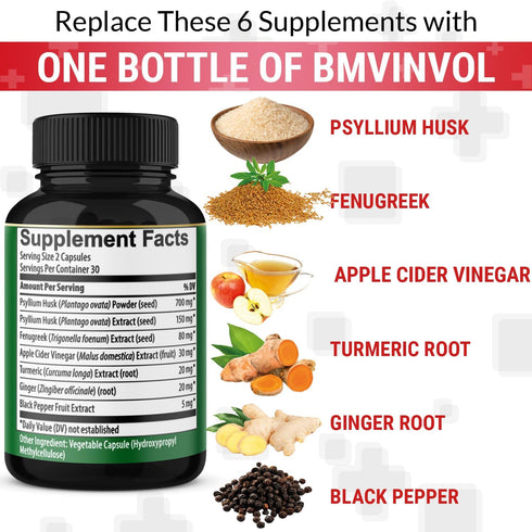 BMVINVOL Psyllium Husk Fiber Supplement t with Fenugreek, Apple Cider Vinegar, Turmeric, Ginger, Black Pepper- Digestion Health Support - 60 Capsu...