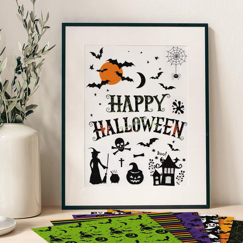 Whaline 24Pcs Halloween Pattern Paper 30x30cm Pumpkin Bat Spider Witch Ghost Scrapbook Paper Double-Sided Holiday Craft Paper Folded Flat for Card...