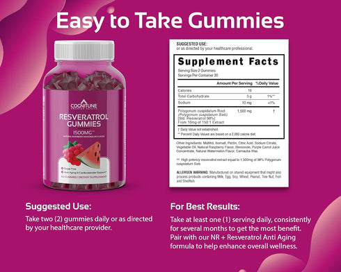 Resveratrol Gummies - Sugar Free Natural Raspberry Watermelon Flavor, 1500mg Resveratrol Supplement for Heart, Brain, Immune Support & Wellness, P...