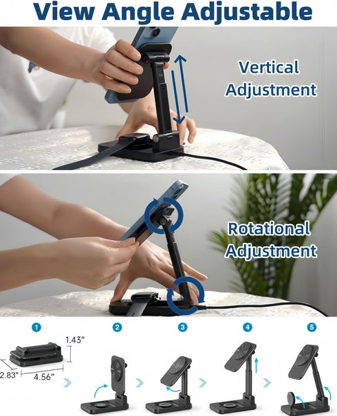 3 in 1 Foldable Wireless Charging Station for Apple Products, Adjustable Phone Charger Stand, Magsafe Charger Travel Dock for iPhone/Samsung/Googl...