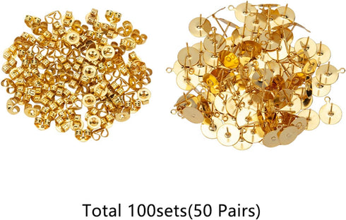 UNICRAFTALE 100pcs Golden Stainless Steel Flat Round Blank Earring Pins Stud Earring Posts 10mm Flat Pad with Loop Earring DIY Components for Earr...