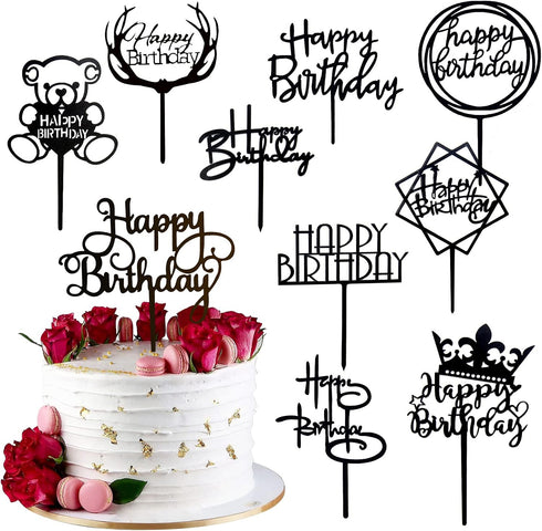 Happy Birthday Cake Topper, 20PCS Black Acrylic Happy Birthday Sign Cupcake Toppers Set for Boys Girls Women Men Birthday Party Decorations Suppli...