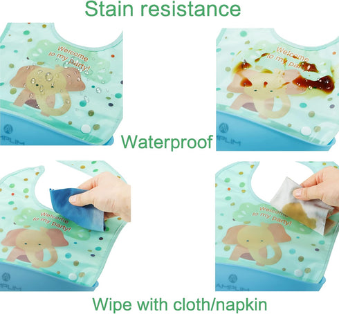 Amplim Baby Feeding Bib (3-Pack) Toddler/Baby Bibs for Eating. Waterproof, Adjustable, Lightweight. Eco-friendly PEVA material. BPA, Lead, Phthala...