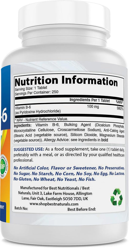 Best Naturals Vitamin B6 Tablet, 100 mg, 250 Count...