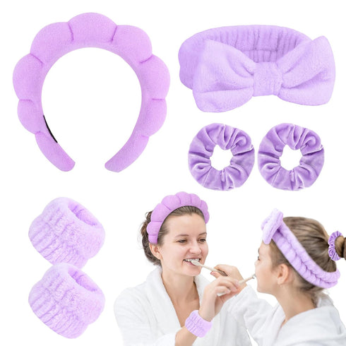 6Pcs Purple Sponge Spa Headbands for Women Wristbands Hair Scrunchies Set Makeup Headband for Facewash Skincare Soft Mother Gift with Daughter Gif...