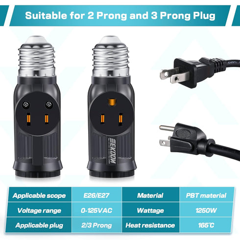 Feekoon 2 Pcs 3 Prong Light Socket Adapter, E26 Light Bulb Outlet Adapter, Polarized Light Socket to Plug Adapter, Light Bulb to 2/3 Prong Outlet ...