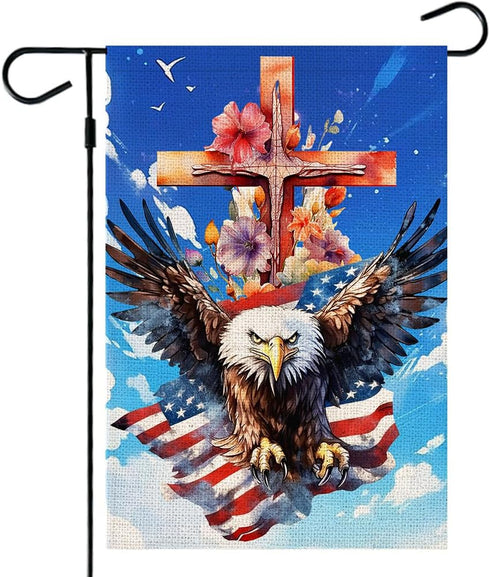 4th of July Patriotic Garden Flag Cross and Eagle Double Sided American Flag Memorial Independence Day Outside Small Yard Decoration (12 x 18 Inch...