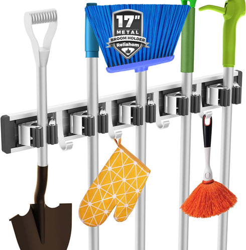 Broom Holder Mop Hanger Wall Mount Metal Organization Garage Storage System Garden Kitchen Tool Organizer(5 Racks with 4 Hooks, Black)...