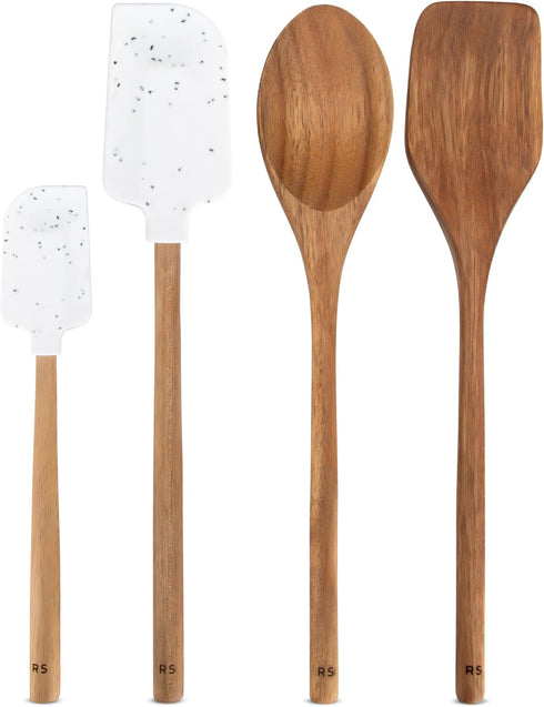 Real Simple Silicone Spatulas and Wooden Spoons for Cooking Set | Wooden Spoon, Wooden Spatula and 2 Silicone Spatulas for Nonstick Cookware | Hea...