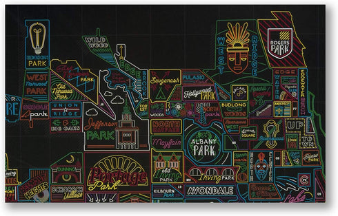 Neon Neighborhood Map of Chicago Poster - Chicago Gift | Chicago Map Art | Chicago Wall Art | Chicago Poster | Chicago Art...