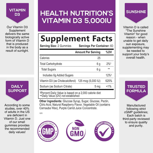 Vitamin D3 Gummies Extra Strength 5000 IU (125 mcg) - Bone, Teeth, Muscle & Immune Support Vitamin D Gummy Dietary Supplement, Nature's Berry Vita...