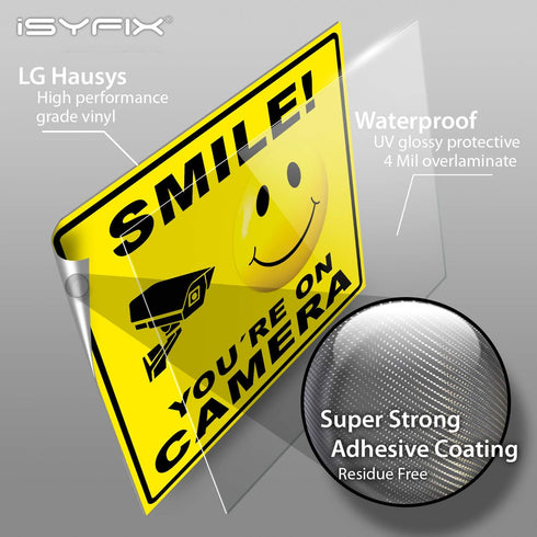 iSYFIX Smile You're on Camera Stickers for Business – 4 Pack 7x6 Inch – Self-Adhesive Vinyl Decal, Laminated for Ultimate UV Protection, Fade Resi...