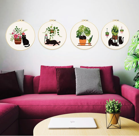 FREEBLOSS 4 Set 8'' Embroidery Kit for Beginners Cats&Plants Pattern Embroidery Kit with Instructions Full Kit of Embroidery Cloth 2 Embroidery Ho...