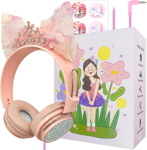 Priness Wired Kids Headphones with Mic for School/Travel,95dB Volume Limited,Shareport,On/Over Ear Bow Headsets with Nylon Cable-(Rose-Crown)...