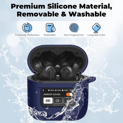 Case Cover for JBL Tour Pro 2, Dark Blue Silicone Protective Shockproof Earbuds Case with Keychain, 2023 Compatible, LCD Touch Screen Visible, Wat...