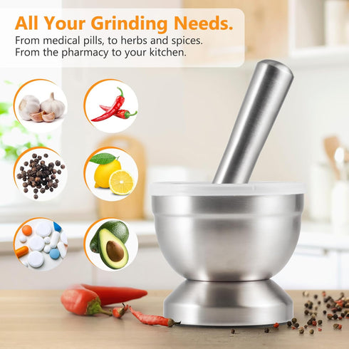 Tera 18/8 Stainless Steel Mortar and Pestle with Brush,Pill Crusher,Spice Grinder,Herb Bowl,Pesto Powder...