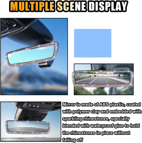 Bling Car Rearview Mirror, Decorations Car Rear View Mirror with HD Glass & Crystal Diamonds Bling Rhinestones for Women Girls, Car Interior Trim ...