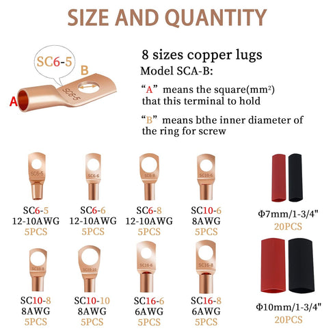 80 Pcs Copper Wire Lugs, Battery Terminal Connectors AWG 8 6 12/10 with Heat Shrink Set, 40 Pcs Heavy Duty Battery Cable Ends Ring Terminals Conne...