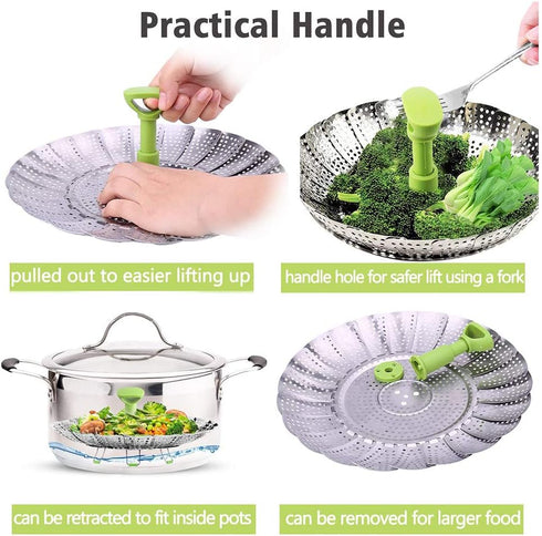 Vegetable Steamer Basket, Stainless Steel Folding Steamer with Extending Removable Center Handle Insert for Veggie Seafood Cooking to Fit Various ...