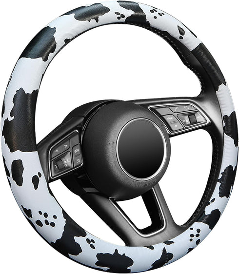 Leather Steering Wheel Cover, Universal 15 inch Breathable Anti-Slip Car Cow Steering Wheel Cover for Women Men, Black&White...