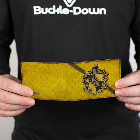 Buckle-Down Men's PU Bifold Wallet-Hufflepuff Crest/Stripe4 Weathered Gold/Brown, Multicolor, 4.0" x 3.5"...