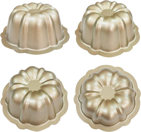 Carbon Steel Mini Bundt Cake Pans, 4 Inch Metal Nonstick Fluted Cake Pan, 4Pcs Kugelhopf Mould for Baking Buntcake Bundtlet Bavarois Cupcake Brown...