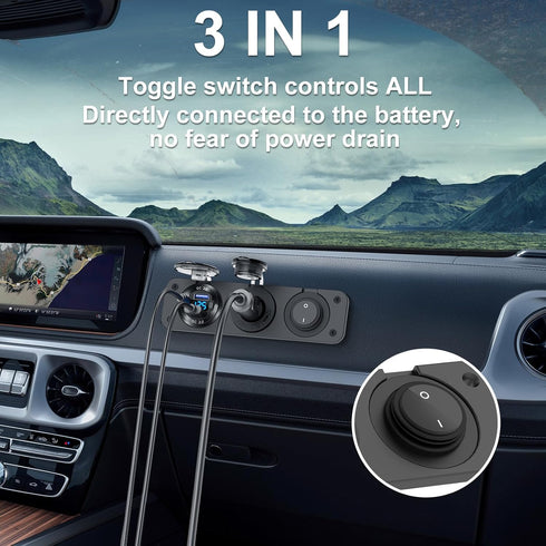 12V USB Outlet Boat Accessories Marine Switch Panel Plug, PD3.0 and Dual QC3.0 USB Ports Aluminum Car Charger with Voltmeter, Lighted 150W Cigaret...