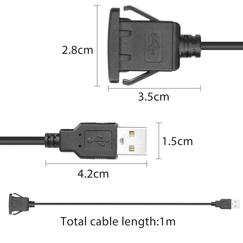 YACSEJAO USB Square Flush Mount Cable USB 2.0 Single Port Dashboard Panel Dash Mount Extension Cable with Buckle for Car Motorcycle Boat, 1m...