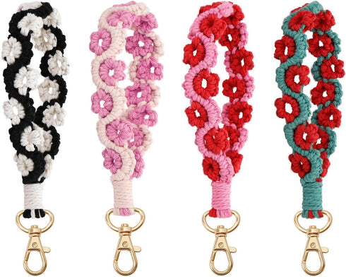 Handmade Boho Macrame Keychain Soft Flower Pom Pom Wristlet Keychain Bracelet Keyring Holder Wrist Lanyard For Women...