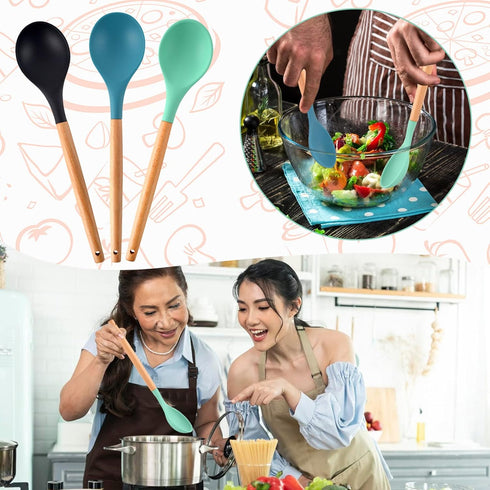 3 Pcs Large Silicone Spoon Wooden Handle Wood Handle Mixing Spoons Silicone Mixing Spoon for Cooking Baking Stirring Silicone Spoons Nonstick Heat...