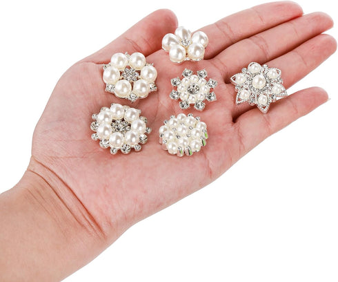 Frcctre 30 Pack Pearl Rhinestone Buttons, 6 Styles Embellishments Button Faux Pearl Button, Flat Back Flower Crystal Buttons for DIY Craft Jewelry...