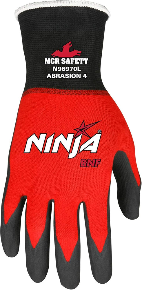 MCR Safety Gloves N96970L BNF Ninja 18 Gauge Nylon/Spandex Shell NFT Palm and Fingertip Coated Work Gloves, Large, 1 Pair, Black...