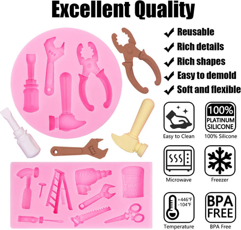 Hand Tools Silicone Molds 4 Pcs, Mini Construction Tools Chocolate Fondant Molds for Cupcake Toppers Mini Cake Decorating Candy Polymer Clay Resin...