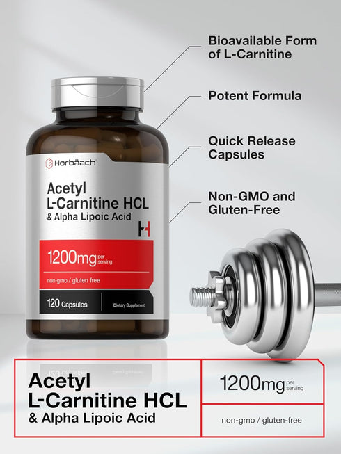 Horbaeach Acetyl L Carnitine HCL & Alpha Lipoic Acid 1200mg | 120 Capsules | ALC ALA Complex | Non-GMO & Gluten Free Supplement...