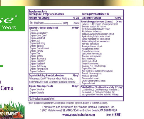 Paradise Herbs Zinc Supplements with Picolinate and Natures C, for Immune Support, Super Potent, Ultra Pure, Gluten Free, Non-GMO, Vegan, 30 mg, 9...